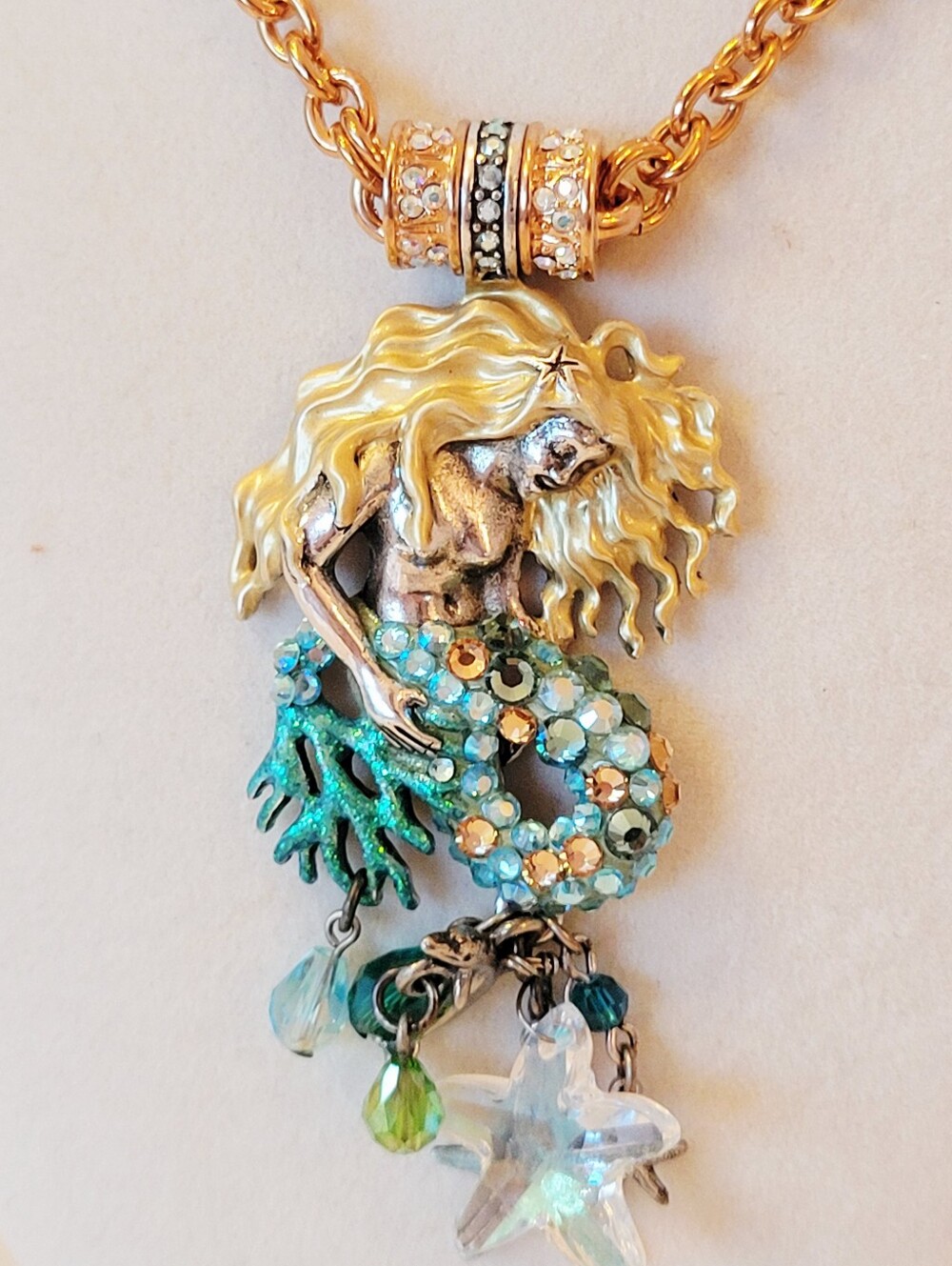 Kirks Folly Mermaid Pendant Necklace w Aqua and Green Accents & Gold-Tone Chain - Picture 2 of 12